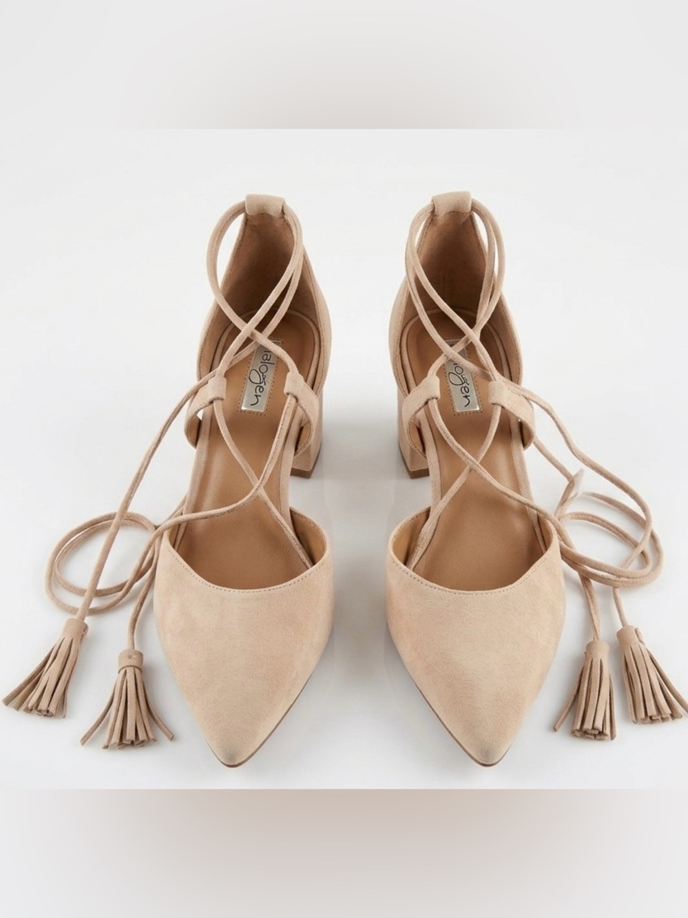 Halogen Nude Suede Lace Up Block Heel Pumps Pointed Toe d'Orsay Shoes size 9
